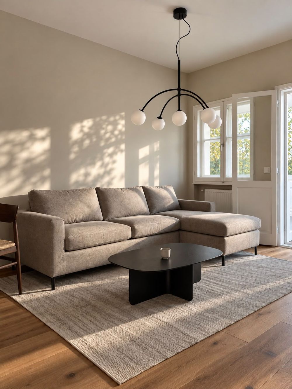 Wohnzimmer mit Eichendielen, Sofa und Pendelleuchte