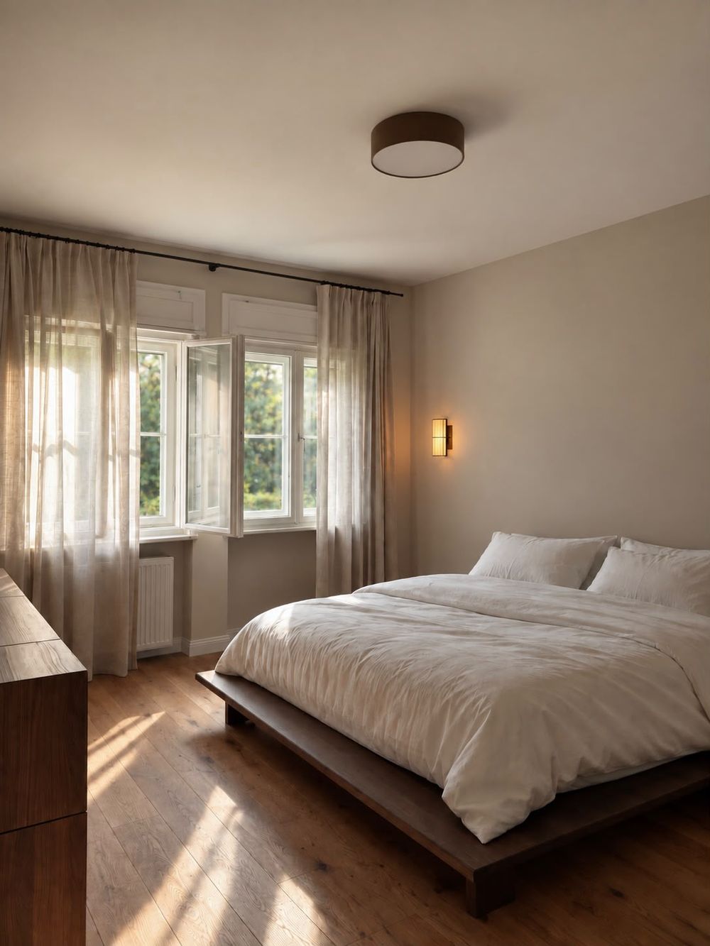 Schlafzimmer mit Bettgestell aus Holz und Vorhängen
