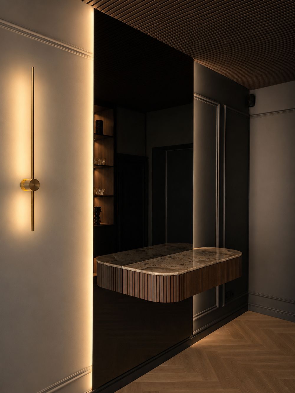 Garderobe mit Wandleuchte und Konsole aus Naturstein
